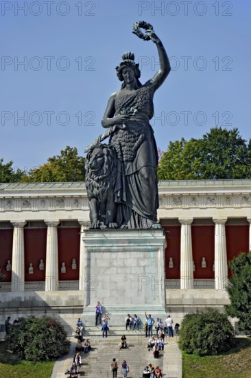 Colossal statue of Bavaria in front of the Hall of Fame, Colossal bronze statue at the Oktoberfest, Wies'n, Wiesn, Munich, Upper Bavaria, Bavaria, Germany
