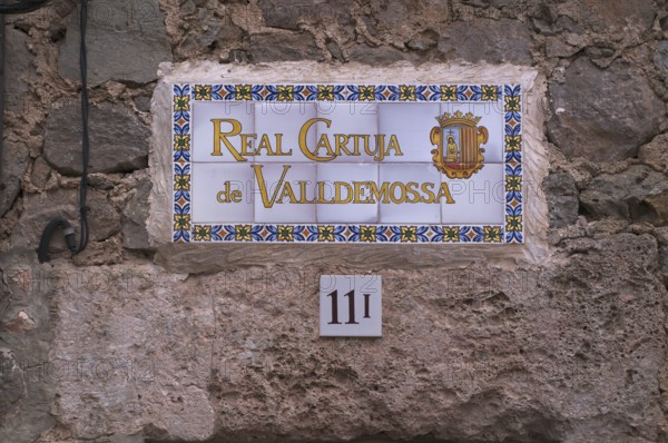 Baldosa, wall tile, of the Real Cartuja (Royal Carthusian Monastery), Valldemossa, Tramuntana Mountains, Serra de Tramuntana, Majorca, Balearic Islands, Balearic Islands, Spain