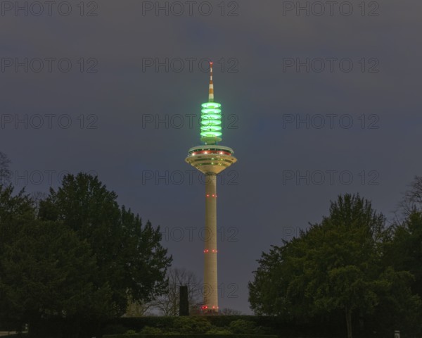 Green illuminated Europe Tower (Frankfurt asparagus) for the Day of Children's Hospice Work, Westend-Nord, Frankfurt am Main, Hesse, Germany