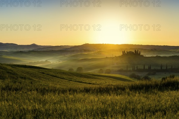 Sunrise, landscape with farmhouse and cypress trees, near San Quirico d'Orcia, Val d'Orcia, Province of Siena, Tuscany, Italy