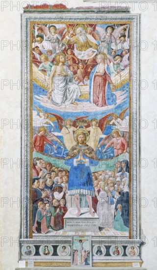 Saint Sebastian as intercessor, San Sebastiano con devoti, fresco by Benozzo Gozzoli, Chiesa di Sant'Agostino, San Gimignano, Province of Siena, Tuscany, Italy, UNESCO World Heritage Site