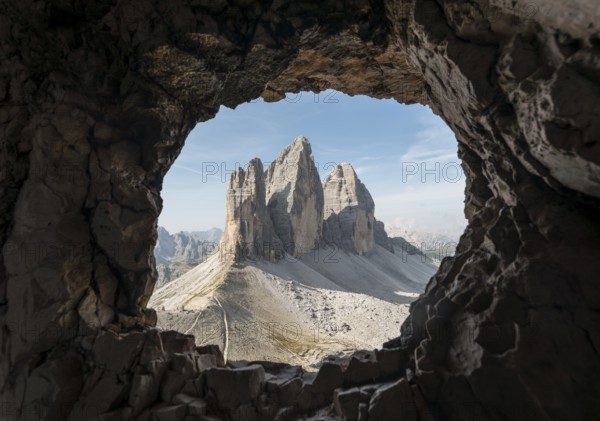 View from war tunnel, via ferrata to the Paternkofel, north walls of the Three Peaks, Sesto Dolomites, South Tyrol, Italy