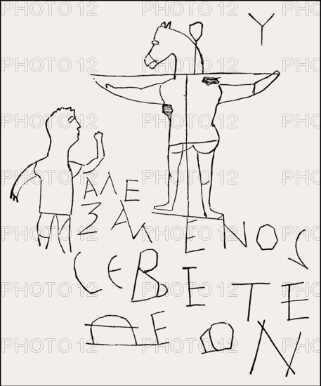 The Alexamenos graffito, Roman graffiti scratched in a wall, ancient Rome, third century