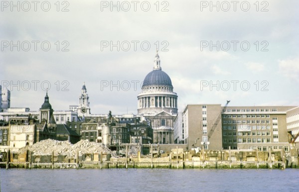 St Paul's Cathedral as seen from the Thames during the renovation work, London, England, UK 1969
