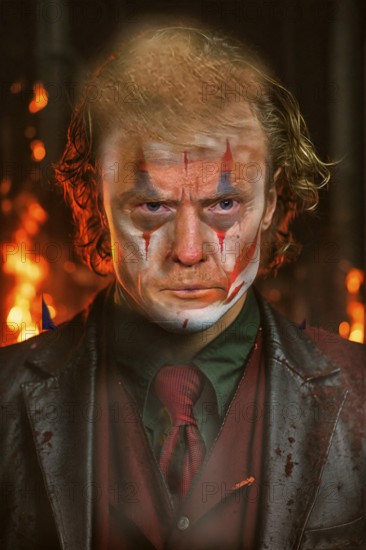 Symbolic image, Trump as joker, Gotham-USA, democracy versus autocracy, US democracy in danger, EU and Germany under political pressure, industry, Donald Trump, tariff threats, Elon Musk, Mark Zuckerberg, social networks, fake news, rights broken, hate, agitation, DSG Digital Services Act, re-election, USA, politics, announcements, vendetta, wanted dictator, Republicans, US electoral system, global danger, lies, 2nd term, global burden, Ukrainian war, storming White House