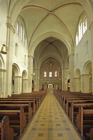 Interior view of the Mission House Church built in 1905, empty pews, Arnold-Janssen-Gymnasium, Sankt Wendel