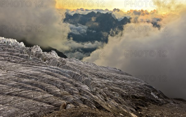 Clouds on the Glacier du Tour glacier, evening light, Chamonix, Savoy, France