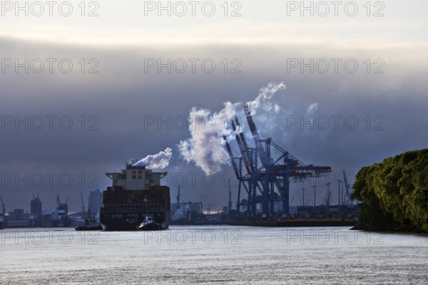 Container ship MSC Tokyo with two small tugs near the Burchardkai container terminal in the Port of Hamburg, Germany