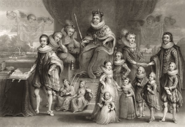 James VI and I, James Charles Stuart, 1566 – 1625, King of England, with his family and his Royal Progeny, together with Mother Anna, brother Hendrik Frederik, sisters Maria and Sophia, Elizabeth Stuart, Frederik V of the Palatinate, children, digitally edited