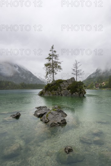 Hintersee near Ramsau, surrounded by forests and mountains under a cloudy rainy sky, fog, Berchtesgaden National Park, Berchtesgadener Land, Upper Bavaria, Bavaria