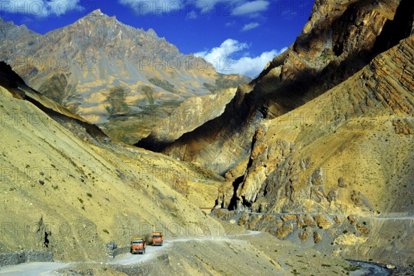 Spiti, valley, mountain valley, roads, mountain road, truck, transportation, traffic, Himalayas, religion, Buddhism, land between Tibet and India, Himalayas, India