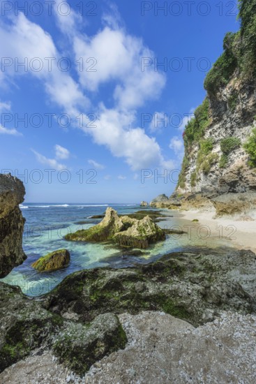 Sea, beach, water, rock, nature, landscape, coast, travel, holiday, tourism, beach holiday, seascape, seascape, cliffs, faraway, pacific, sky, ocean, blue, summer, island, coastline, lake, beautiful, tropical, holiday cliché, dream holiday, idyll, idyllic, bay, cove, picturesque, empty, nobody, Suluban beach, Uluwatu, Bali, Indonesia