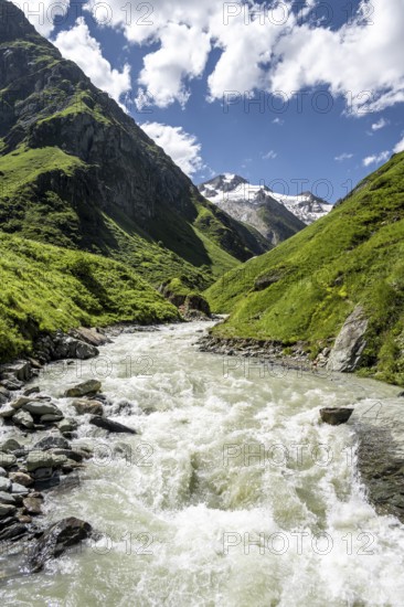 View of Großer Schober and Rötspitze, river Isel in Umbaltal, Hohe Tauern National Park, East Tyrol, Tyrol, Austria