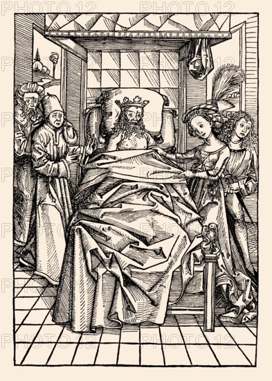 King David and Abishag, Anton Koburger, wood engraving, 1491