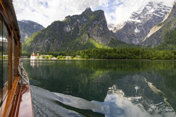 Pilgrimage church St. Bartholomä with Watzmann massif from the excursion boat on the Königssee, Berchtesgaden National Park, Schönau am Königssee, Berchtesgadener Land, Upper Bavaria, Bavaria, Germany