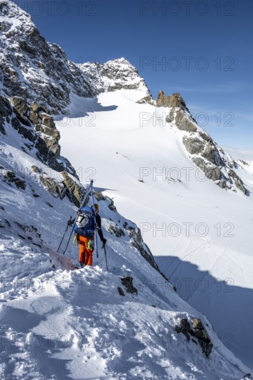 Mountaineer with skis at the fork Porta d'Es-cha, view of mountain peak Piz Kesch and glacier Vadret da Porchabella, ski tour Bündner Haute Route, Albula Alps, Rhaetian Alps, Grisons, Eastern Switzerland, Switzerland