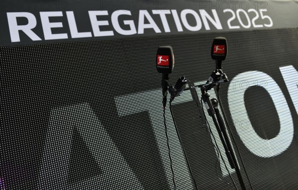Microphones, microphones, logo, relegation lettering, 2025 Bundesliga, Voith-Arena, Heidenheim, Baden-Württemberg, Germany
