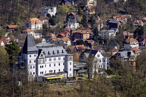 Historic castle and surrounding buildings in a village on the edge of the forest, The villa district of Eisenach in Thuringia