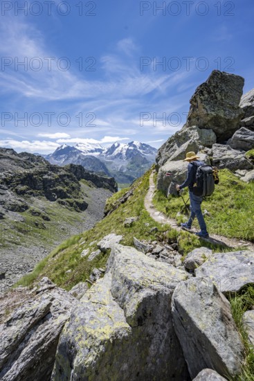 Mountaineer on hiking trail in mountain landscape, descent at Col du Louvie, view of the summit of the Grand Combine, Valais Alps, Val de Bagnes, Valais, Switzerland