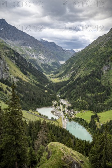 Val de Bagnes valley with the village of Fionnay and reservoirs, Valais, Western Alps, Switzerland