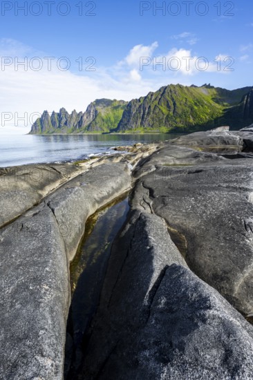 Tidal pools, rocky coast of Tungeneset, Devil's Teeth, Devil's Teeth, Okshornan, Ersfjorden, Senja Island, Troms, Norway