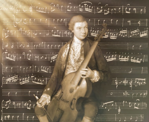 Carl Friedrich Abel, 1723? – 1787, German composer, digitally edited according to a painting by Thomas Gainsborough, Sonatas for viola da gamba and bass, written in the author's own hand