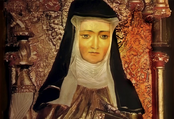 Figure of Hildegard of Bingen, Sibyl of the Rhine, 1098 – 1179, German Benedictine abbess and polymath, digitally edited
