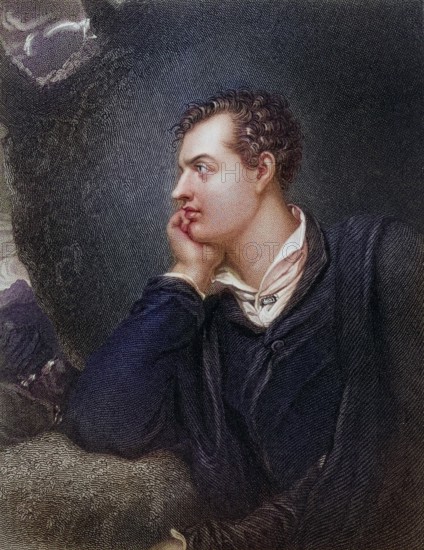 George Gordon, Lord Byron 1788-1824, English romantic poet. Painted by H. Robinson after a drawing by R. Westall. From the book National Portrait Gallery Volume I, published in 1830, digitally restored reproduction from a 19th century original, record date not stated