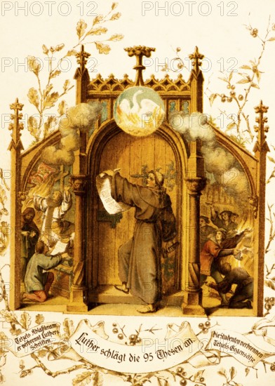 In 1517, Luther personally posted the 95 theses on the door of the castle church in Wittenberg, theses against the abuse of indulgences, Tetzel's indulgences, he burns Luther's writings, the students burn Tetzel's opposites, picture as a triptych, inscription and ornamentation, stations from Dr Martin Luther's life, coloured illustration ca. 1890