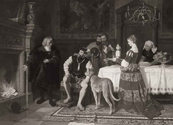 Jakob Fugger burning the debenture bonds of Emperor Charles V at the Fuggers' House, Augsburg, 1535, digitally edited according to a painting by Karl Becker