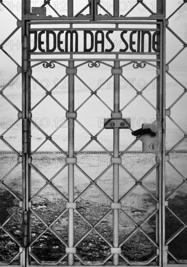 Tor tor to the beech forest concentration camp with the slogan Jedem das Seine on the entrance gate, Weimar, Thuringia, Germany