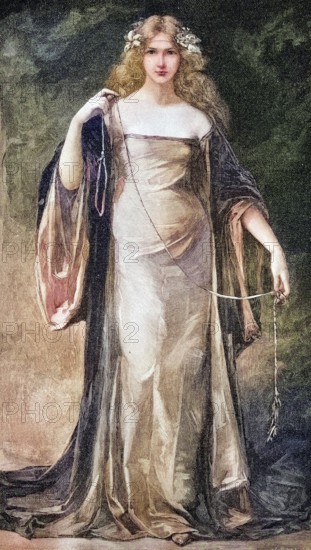 Joan I of Anjou, Giovanna d'Angi, Queen of Naples, 1326, 1382, coloured wood engraving, reproduction from a model from ca 1888, Historical, An elegant woman in a medieval dress with a wreath of flowers in her hair