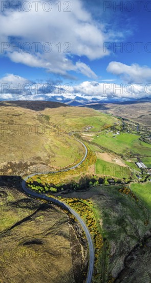 Panorama of Farms and Moors over Loch Harport from a drone, Drynoch, Isle of Skye, Highlands, Scotland, United Kingdom