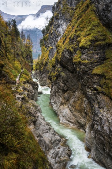 The river Lammer in the gorge Lammerklamm (Lammeröfen) . A path leads through the gorge on the left. In the background the Hohe Brücke, a footbridge over the gorge. The Tennengebirge mountains in the far background. Autumn. Scheffau, Lammertal, Salzburger Land, Upper Austria, Austria
