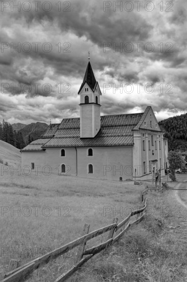 Maria Waldrast pilgrimage monastery of the Servite Order, pilgrimage church, weather mood, w olk mood, black and white photo, Matrei am Brenner, Tyrol, Austria