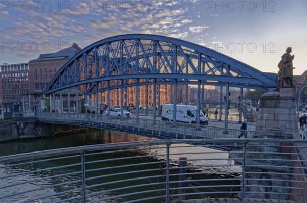 The Kornhausbrücke over the Zollkanal in front of Hamburg's Speicherstadt. Hamburg, Germany