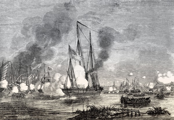 Naval Battle between the English Navy and Chinese junk ships, Second Opium War, 1857