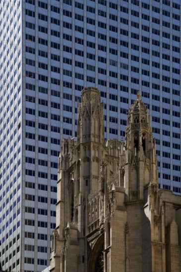 St Patrick's Cathedral in front of a skyscraper facade, New York City, USA