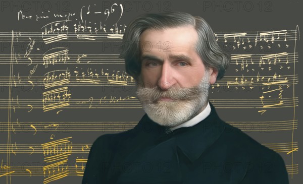 Giuseppe Verdi, 1813 – 1901, Italian opera composer, autograph notesheet from Don Carlos, digitally edited after a painting of Giovanni Boldini