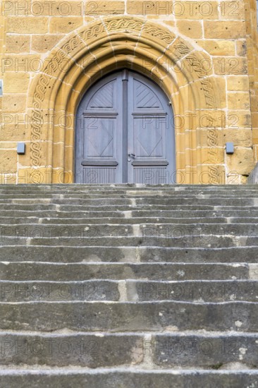 Long and wide staircase to the Gügelkirche St. Pankratius on the Gügel near Scheßlitz, Upper Franconia, Bavaria, Germany