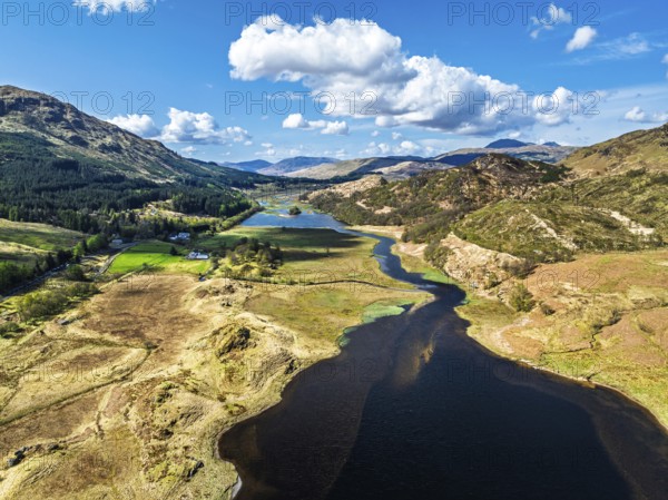 Mountains over Loch Iubhair from a drone, Crianlarich, Highlands, Scotland, United Kingdom