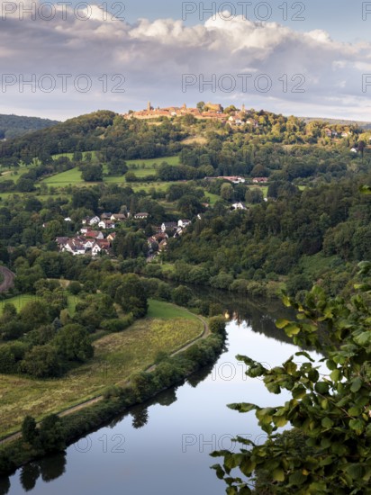 View of the historic Dilsberg castle fortress and the Neckar river in the Neckartal-Odenwald nature park. In the evening. Dilsberg, Neckargemünd, Rhine-Neckar district, Baden-Württemberg, Germany