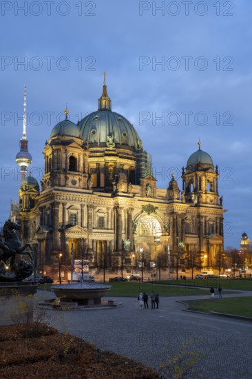 Berlin Cathedral, Lustgarten, behind the television tower, Blue Hour, Mitte, Berlin, Germany