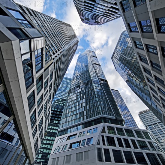 Frog's-eye view of the skyscrapers in the banking district, Four Frankfurt, Frankfurt am Main, Hesse, Germany