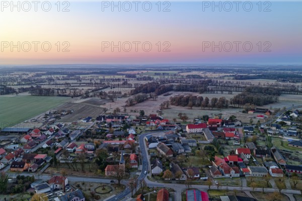 Morning atmosphere on a cold winter day in the countryside in the UNESCO Drömling Biosphere Reserve in the Altmark. aerial view. Dannenfeld, Gardelegen, Saxony-Anhalt, Germany