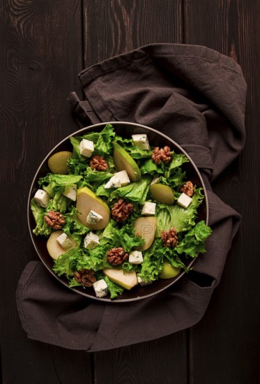 Keto Salad, pear with blue cheese and walnut, selective focus, no people, close-up