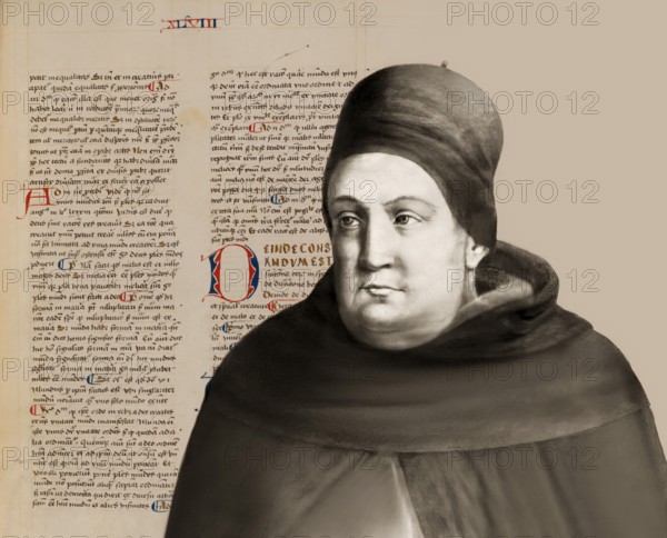 Thomas Aquinas, Thomas von Aquin, Tommaso d'Aquino, c.?1225 – 1274, Italian Dominican friar and priest, philosopher, theologian, and a jurist in the tradition of scholasticism, page from his book „Summa Theologica or Summa Theologiae“, digitally edited