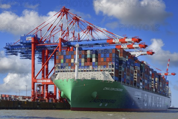 The container ship CMA CGM Concorde in JadeWeserPort unloading the containers., LNG container ship, liquefied gas, sails under the French flag, Wilhelmshaven, Lower Saxony