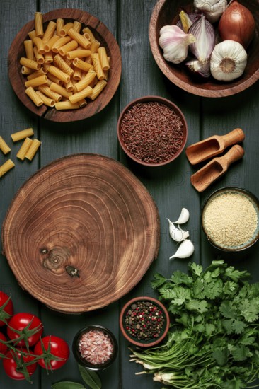 Food concept, wooden chopping board, on a wooden table, with ingredients, spices and herbs, top view, vertical, no people