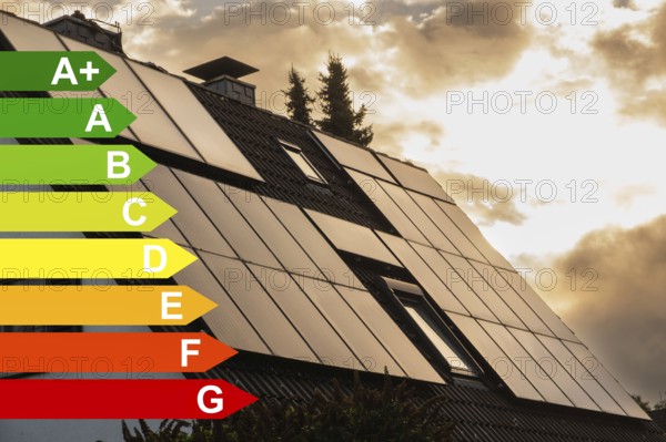 Scaffolding and solar panels on the roof of a detached house in Essen, energy efficiency classes according to the GEG, Essen, Germany